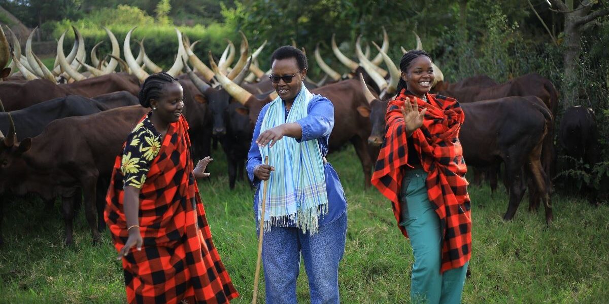 Photograph of visitors taken at the Nshenyi cultural village in Ntungamo, Uganda during the long-horned cattle experience