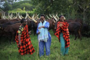 Photograph of visitors taken at the Nshenyi cultural village in Ntungamo, Uganda during the long-horned cattle experience