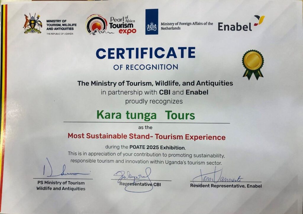 Photograph of the Kara-Tunga Tours certificate for being the most sustainable stand - tourism Experience during this year’s POATE 2025 Exhibition