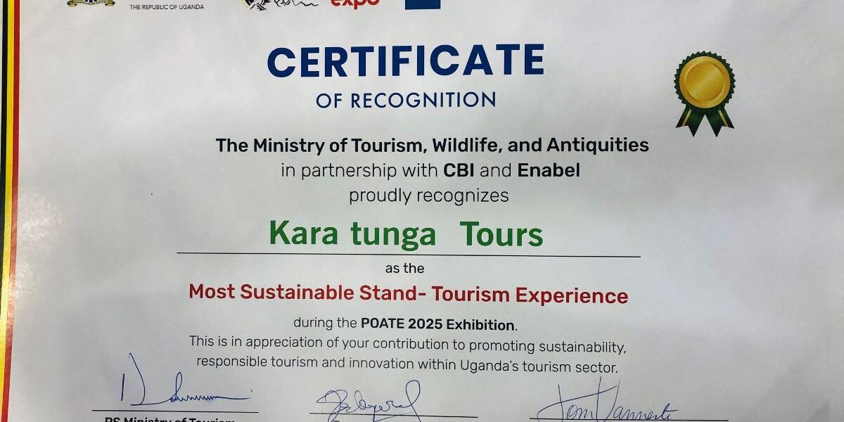 Photograph of the Kara-Tunga Tours certificate for being the most sustainable stand - tourism Experience during this year’s POATE 2025 Exhibition