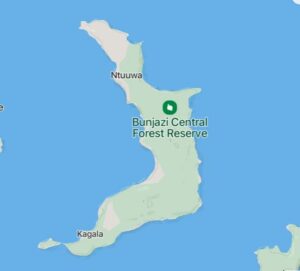 Photograph of a map showing the location of Bunjazi Central Forest Reserve on Bugala Island, Ssese Islands on Lake Victoria in Uganda