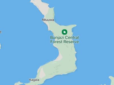 Photograph of a map showing the location of Bunjazi Central Forest Reserve on Bugala Island, Ssese Islands on Lake Victoria in Uganda