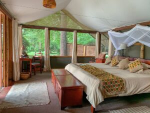 Photograph showing the bedroom setting at the Ishasha Wilderness Camp in Queen Elizabeth National Park in Western Uganda