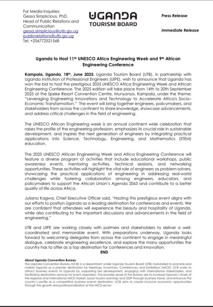 Uganda, the Pearl of Africa is set to host the 11th UNESCO Africa Engineering Week and the 9th African Engineering Conference from September 14th – 20th, 2025, at the stunning Speke Resort Convention Centre in Munyonyo, Kampala