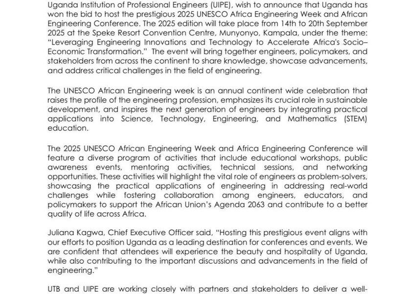 Uganda, the Pearl of Africa is set to host the 11th UNESCO Africa Engineering Week and the 9th African Engineering Conference from September 14th – 20th, 2025, at the stunning Speke Resort Convention Centre in Munyonyo, Kampala
