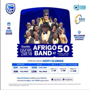 The “Afrigo Band at 50”  concert is scheduled for August 16th, 2025, at the Millennium Grounds in Lugogo in Kampala, Uganda