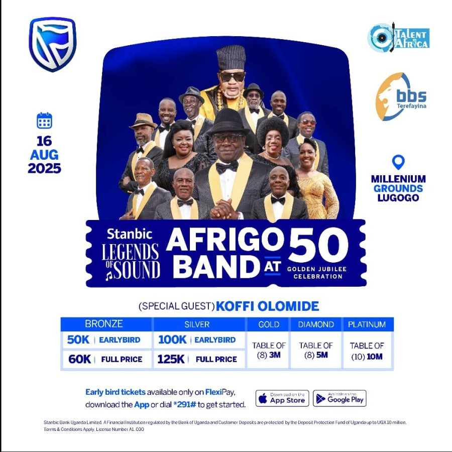 The “Afrigo Band at 50”  concert is scheduled for August 16th, 2025, at the Millennium Grounds in Lugogo in Kampala, Uganda