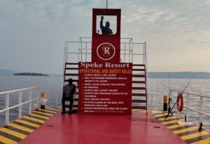 Photograph taken from the "The Barge," a custom-built flat-bottomed vessel designed to streamline logistics for its crown jewel, Paradise Island Resort