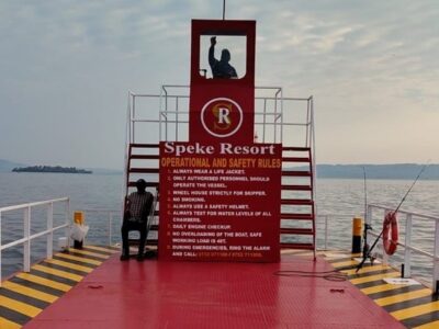 Photograph taken from the "The Barge," a custom-built flat-bottomed vessel designed to streamline logistics for its crown jewel, Paradise Island Resort