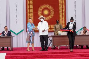 Photograph of H.E President Yoweri Kaguta Museveni shaking hands with Princess Zahra Aga Khan during the inauguration ceremony of the Aga Khan University in Kampala