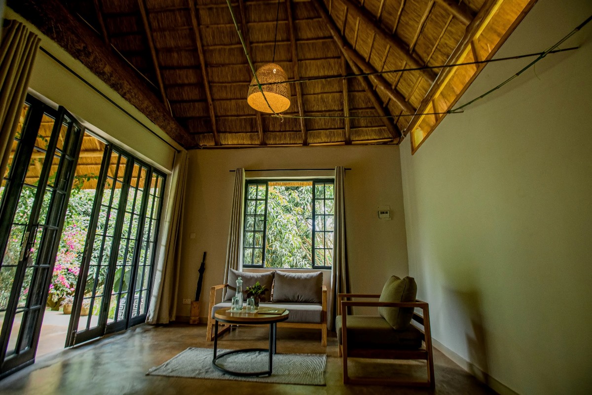 Photograph showing the lounge in one of the rooms at Sentema Farm Lodge in Sentema Village in Wakiso District, Uganda