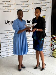 Photograph of the CEO, Uganda Tourism Board, Ms. Juliana Kagwa with the CEO, Uganda Airlines, Ms. Jennifer Bamuturaki taken during the meeting for promoting Destination Uganda across regional and international markets