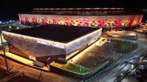 Photograph showing the colorful Hoima City Stadium in Hoima City, Western Uganda