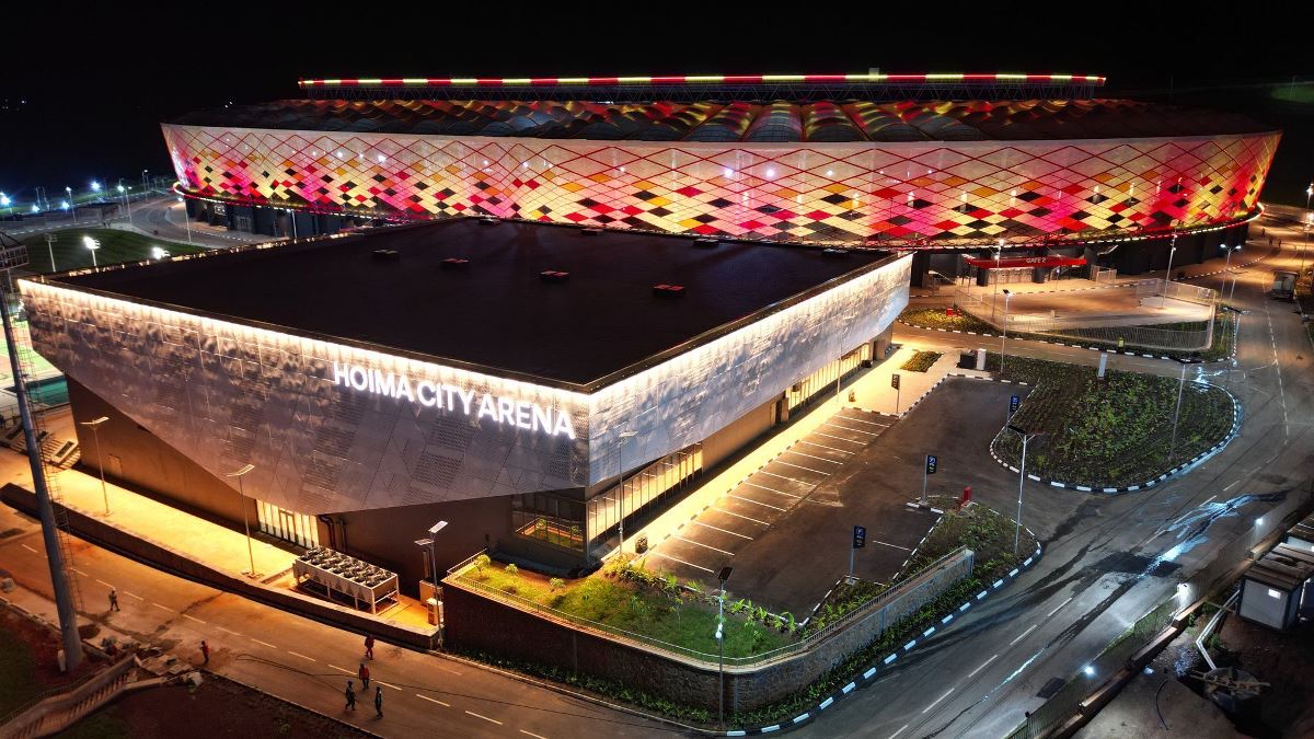 Photograph showing the colorful Hoima City Stadium in Hoima City, Western Uganda