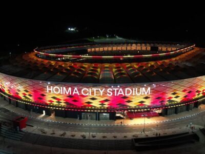 Photograph showing the colorful Hoima City Stadium in Hoima City, Western Uganda