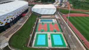 Aerial photograph showing the basketball and tennis courts in Hoima City Stadium in Hoima City, Western Uganda