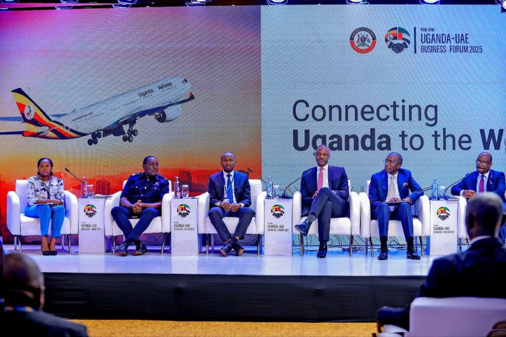 Photograph of the panelists of the 4th Uganda – United Arab Emirates (UAE) Business Forum 2025 which took place at Speke Resort Munyonyo, Uganda
