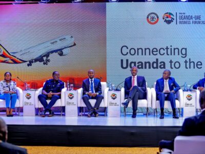 Photograph of the panelists of the 4th Uganda – United Arab Emirates (UAE) Business Forum 2025 which took place at Speke Resort Munyonyo, Uganda