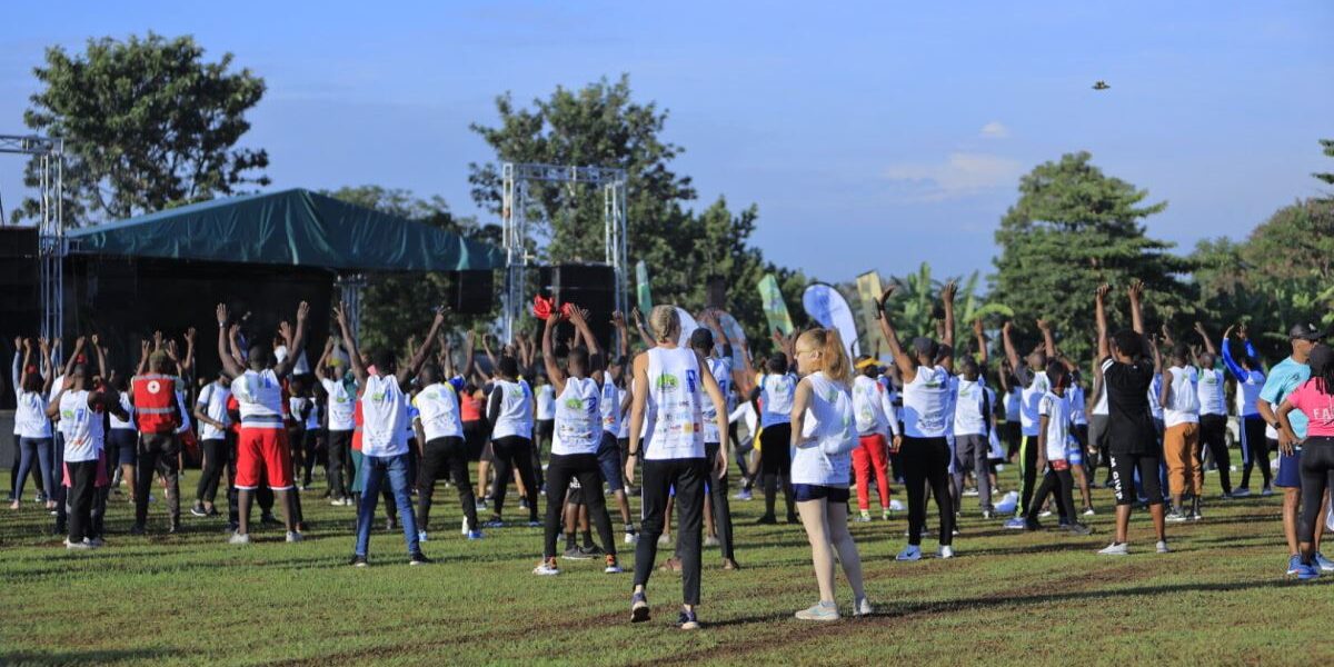 Photograph taken during the warm-up session for the third annual Elgon Half Marathon in Mbale, Eastern Uganda