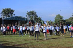 Photograph taken during the warm-up session for the third annual Elgon Half Marathon in Mbale, Eastern Uganda