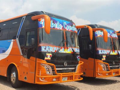 Photograph showing the fleet of Bebeto Buses in Kampala, Uganda