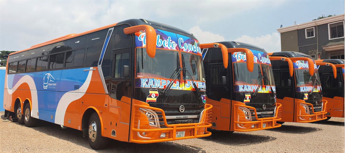 Photograph showing the fleet of Bebeto Buses in Kampala, Uganda