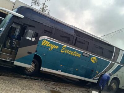 Photograph showing one of the Mega Executive Buses in Kampala, Uganda