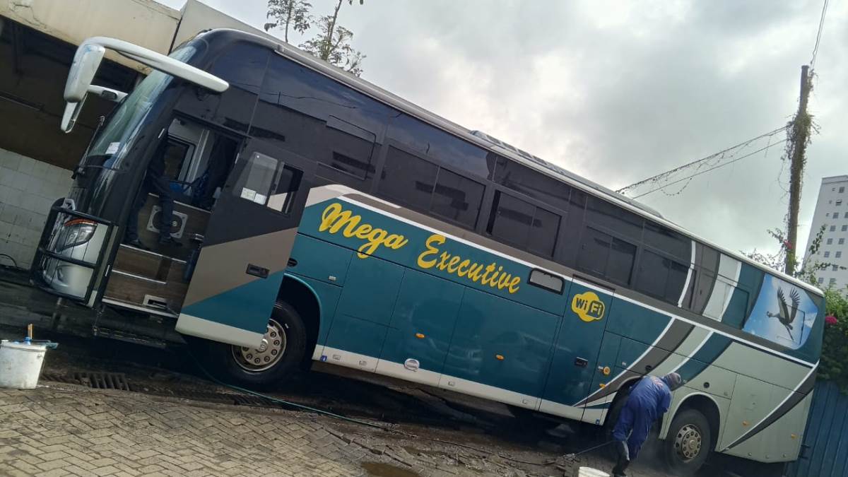 Photograph showing one of the Mega Executive Buses in Kampala, Uganda