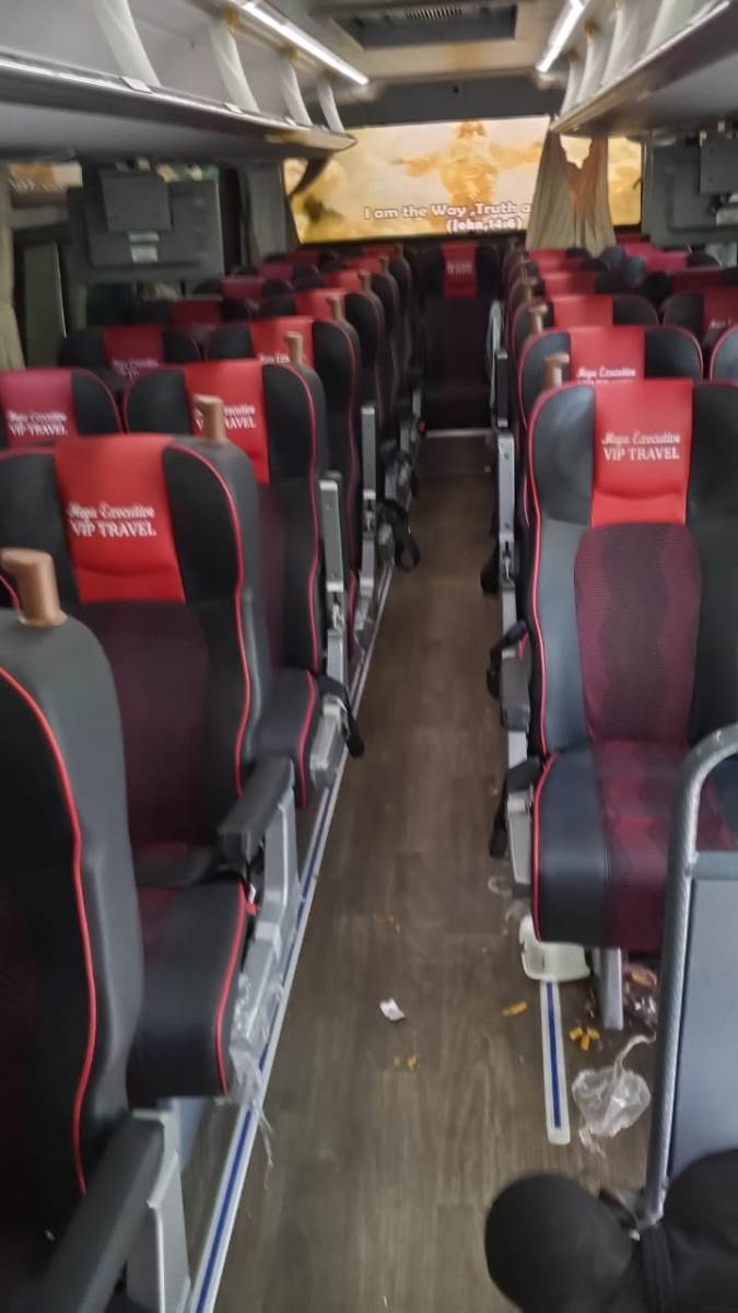 Photograph showing the interior of one of the Mega Executive Buses in Kampala, Uganda