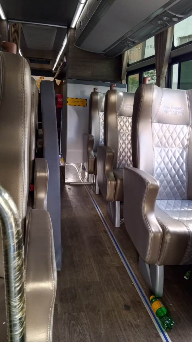 Photograph showing the interior of one of the Mega Executive Buses in Kampala, Uganda