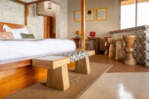 Photograph showing one of the bedrooms at Paradise Island Resort in the heart of Lake Victoria, Uganda