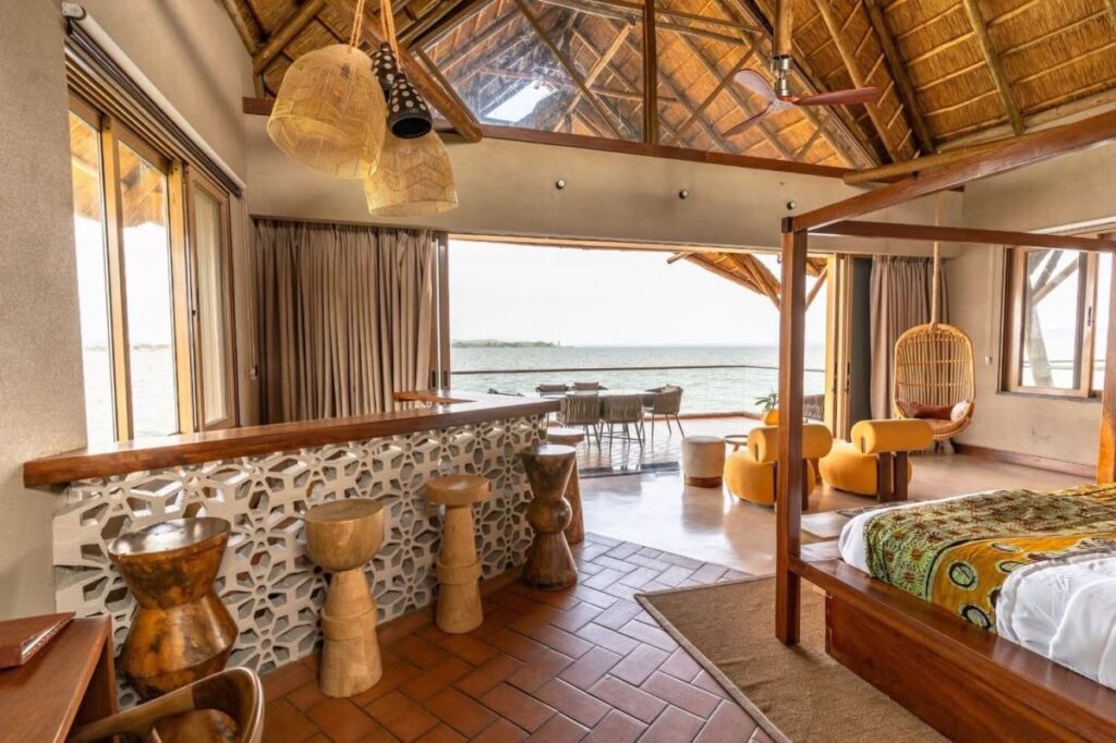 Photograph showing one of the bedrooms at Paradise Island Resort in the heart of Lake Victoria, Uganda