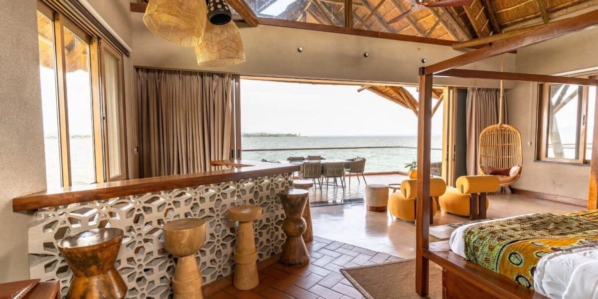 Photograph showing one of the bedrooms at Paradise Island Resort in the heart of Lake Victoria, Uganda