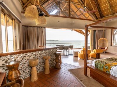 Photograph showing one of the bedrooms at Paradise Island Resort in the heart of Lake Victoria, Uganda