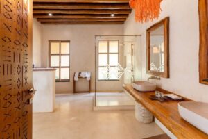 Photograph showing one of the bathrooms at Paradise Island Resort in the heart of Lake Victoria, Uganda