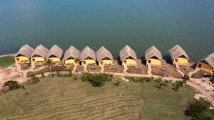 Photograph showing an aerial view of some of the accommodations at Paradise Island Resort in the heart of Lake Victoria, Uganda