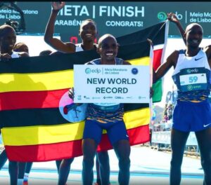 Jacob Kiplimo storms across the finish line in Lisbon to claim the new Men's Half Marathon World Record of 57:20, reclaiming Uganda's pride and proving unstoppable Ugandan spirit
