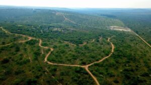 Aerial view showing hilly terrain, winding paths, green landscape around the resort