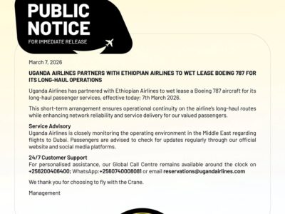 Uganda Airlines secures a Boeing 787 Dreamliner via Ethiopian Airlines wet lease, long-haul flights to London & Mumbai resume TODAY (7th March 2026). Reliable journeys to the Pearl of Africa just got stronger