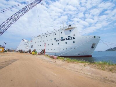 Exterior side view of the MV New Mwanza docked at Mwanza port