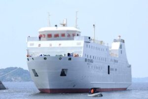 Officials and crew on deck of MV New Mwanza during launch ceremony