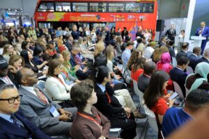 Delegates, media, and travel professionals fill the seats as Uganda and other destinations present at the Moscow International Travel and Tourism Exhibition (MITT) 2026