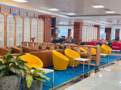 The newly upgraded Karibuni Lounge at Entebbe International Airport welcomes travelers with vibrant, modern seating, bold colors, and spacious comfort