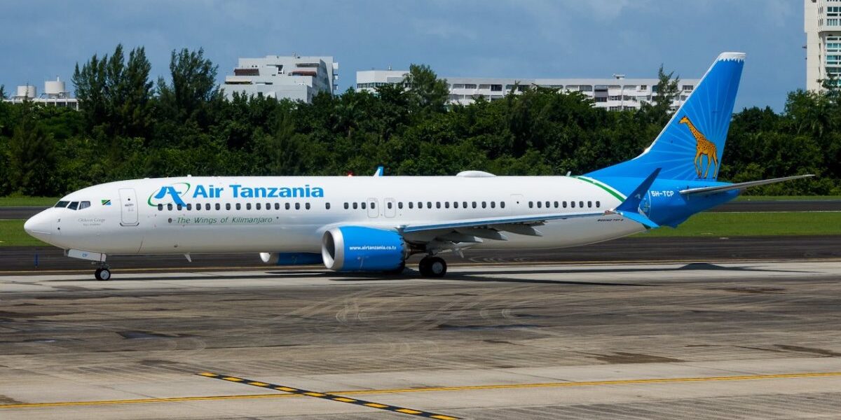 Air Tanzania’s modern Boeing 737 MAX 9 (5H-TCP) on the tarmac, proudly displaying the airline’s iconic giraffe and ‘The Wings of Kilimanjaro’ livery