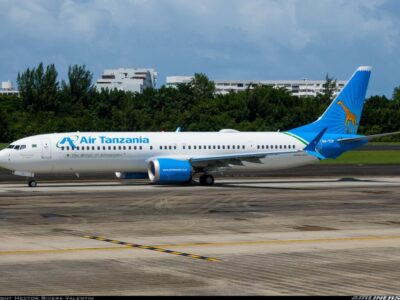 Air Tanzania’s modern Boeing 737 MAX 9 (5H-TCP) on the tarmac, proudly displaying the airline’s iconic giraffe and ‘The Wings of Kilimanjaro’ livery