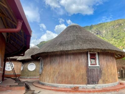 Traditional manyatta-inspired structures at the Karamoja Museum & Cultural Centre in Moroto District, showcasing the integration of indigenous architecture into modern construction