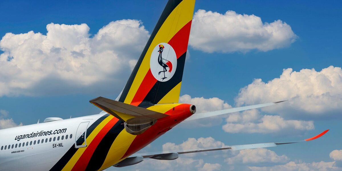 A Uganda Airlines jet displays the country’s iconic crane symbol amid plans to expand routes and improve travel connectivity