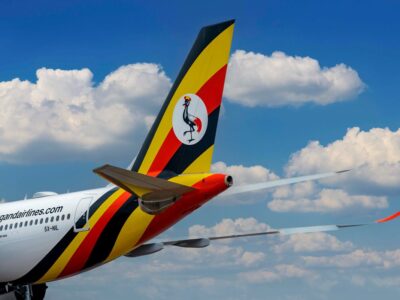 A Uganda Airlines jet displays the country’s iconic crane symbol amid plans to expand routes and improve travel connectivity