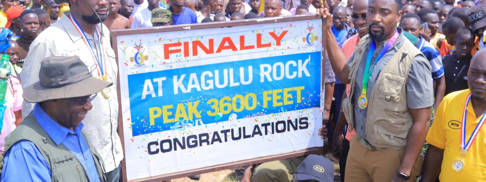 Hikers and William Wilberforce Gabula Nadiope IV at the summit of Kagulu Rock during the Kagulu Rock Climbing Challenge