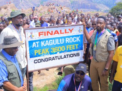 Hikers and William Wilberforce Gabula Nadiope IV at the summit of Kagulu Rock during the Kagulu Rock Climbing Challenge